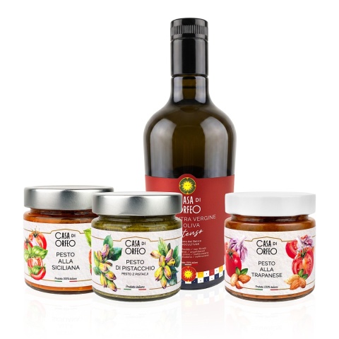 .Sycylijski Obiad - oliwa INTENSO + pesto alla Siciliana, alla Trapanese i di Pistacchio